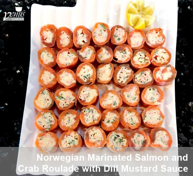 Norwegian marinated salmon and crab roulade in dill mustard sauce