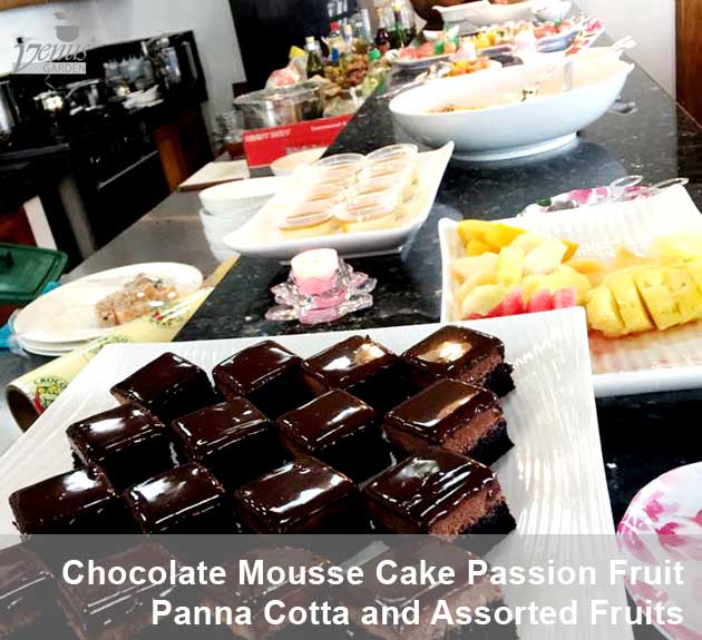 chocolate mousse cake passion fruit panna cotta and assorted fruits in Venus Garden